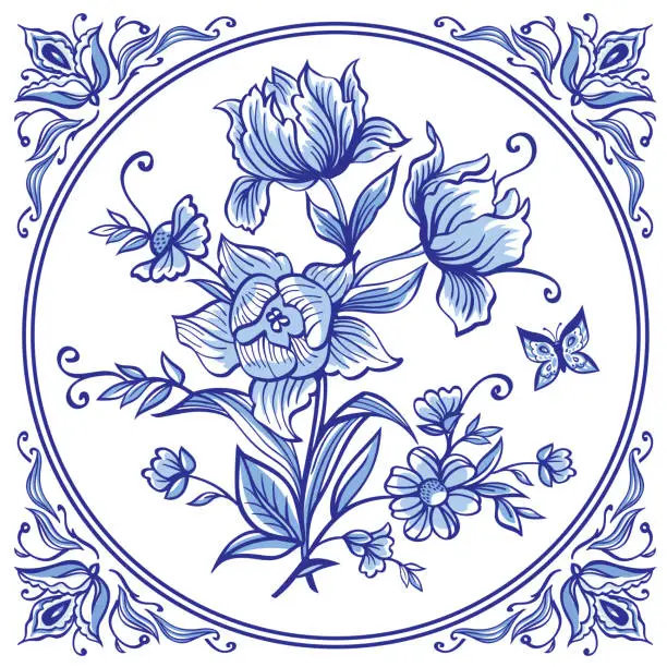 Vector illustration of A bouquet of decorative flowers, tiles in blue colors in the Dutch style