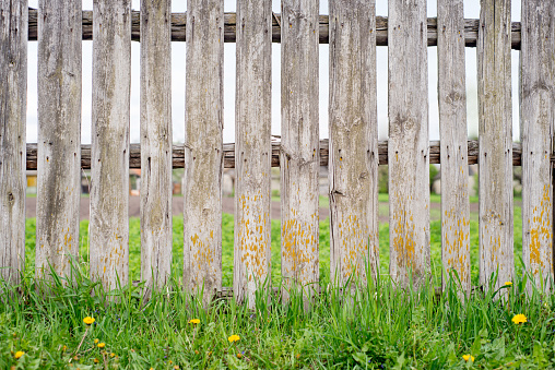 Scenic wooden fence with grass. Vintage texture Background.