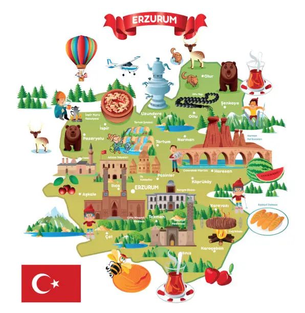 Vector illustration of Erzurum, Turkey, Yakutiye, Palandoken, Aziziye, Khorasan, Oltu, Pasinler, Kavazi, Hinis, Tekman, Askale, Karacoban, Senkaya, Cat, Tortum, Koprukoy, Ispir, Narman, Uzundere, is, Pazyolu, cartoon map, Turkey