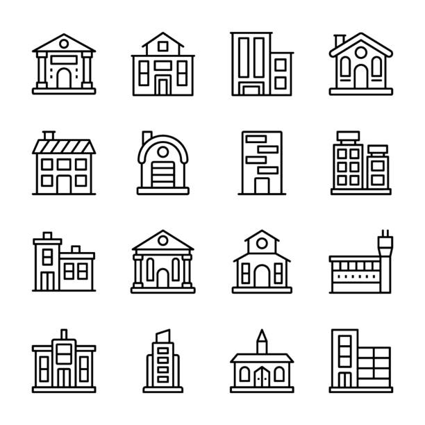 illustrations, cliparts, dessins animés et icônes de ensemble d’icônes de ligne d’architectures - guildhalls