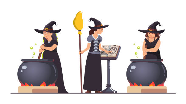 Three Witches Stirring Poison Brew Potion In Boiling Cauldron On Fire And  Reading Magic Spells From Grimoire Book Halloween Witch Alchemy Flat Style  Isolated Vector Character Stock Illustration - Download Image Now -