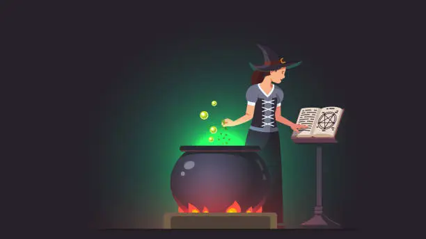 Vector illustration of Witch adding poison ingredient to potion brew in boiling cauldron on fire and reading magic spells from grimoire book. Witch alchemy. Halloween holiday witchcraft. Flat style isolated vector