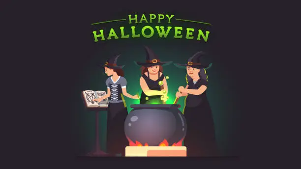 Vector illustration of Three witches stirring poison brew potion in boiling cauldron on fire and reading magic spells from grimoire book. Witch alchemy. Halloween holiday witchcraft. Flat style isolated vector