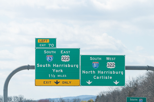 Green road direction exit signs to interstate highway 83, 81 of south, west to North Harrisburg and Carlisle in Pennsylvania, USA