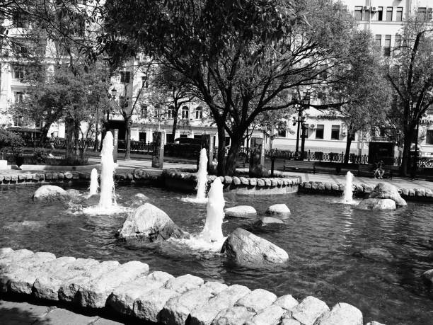 Pure clean natural spring water splashing onto rock on ground