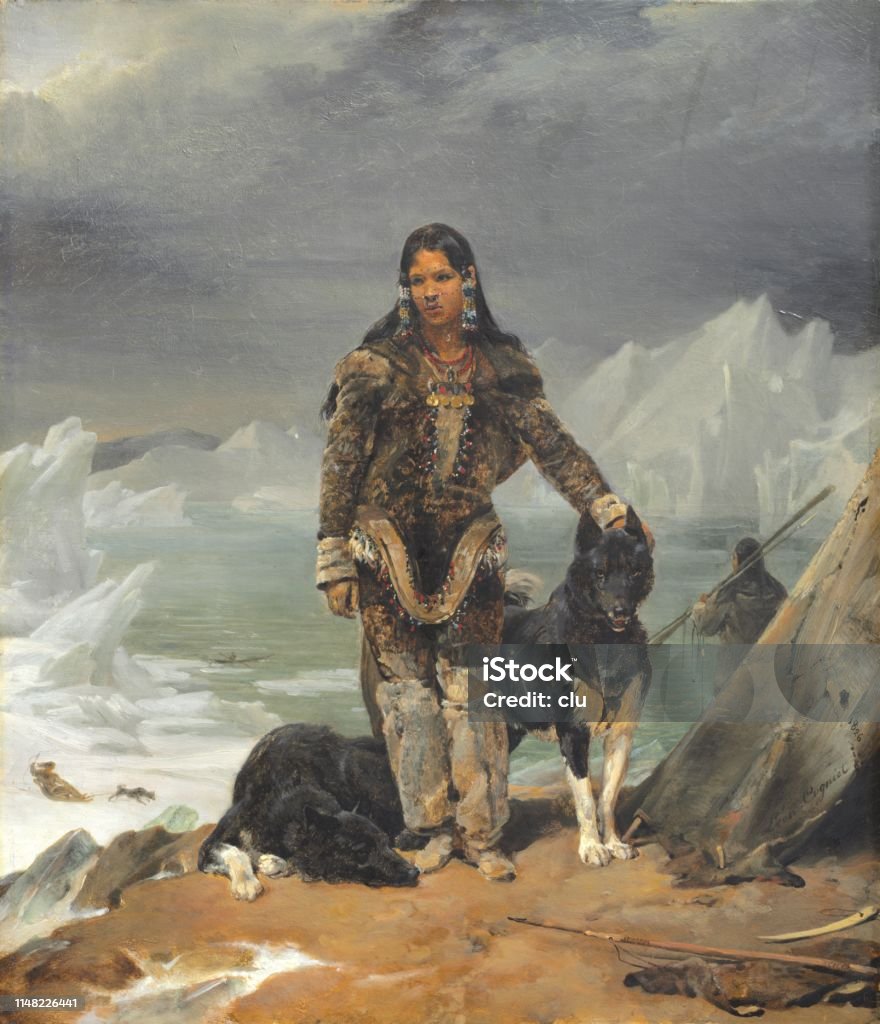 Eskimo woman with dogs at the sea, during hunting Illustration from 19th century Antique stock illustration