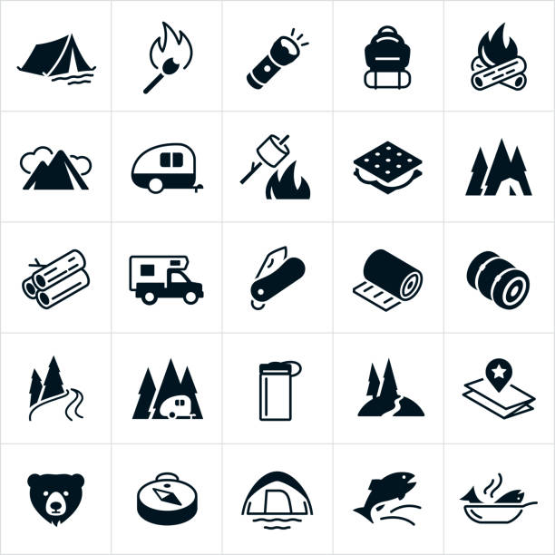 ilustrações, clipart, desenhos animados e ícones de ícones de acampamento - computer icon flame symbol black and white