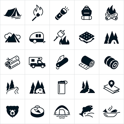 A set of camping icons. The icons include a tent, matchstick, camp fire, flashlight, backpack, mountains, travel trailer, roasting marshmallows, s'mores, firewood, camper, pocket knife, sleeping pad, sleeping bag, river, trail, water bottle, map, bear, compass and fish.