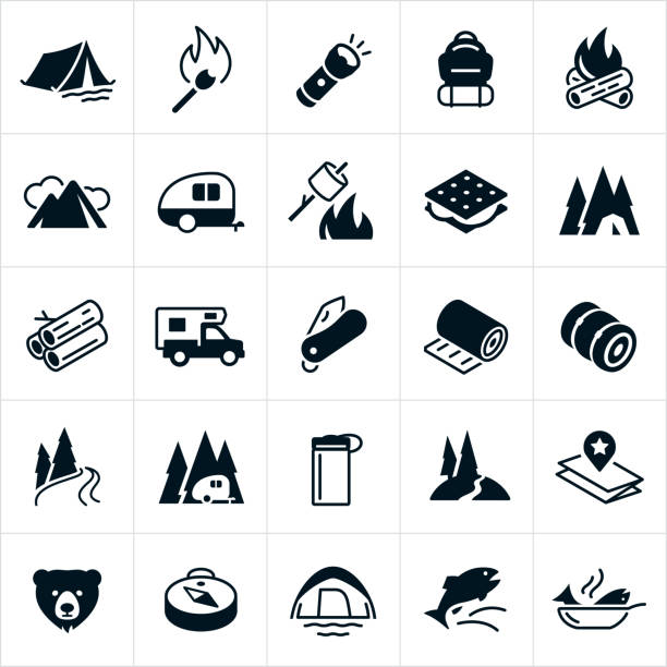 Camping Icons A set of camping icons. The icons include a tent, matchstick, camp fire, flashlight, backpack, mountains, travel trailer, roasting marshmallows, s'mores, firewood, camper, pocket knife, sleeping pad, sleeping bag, river, trail, water bottle, map, bear, compass and fish. camping stock illustrations