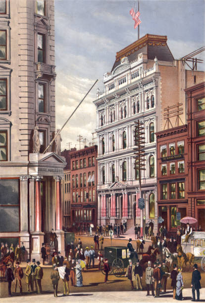 New York Stock Exchange, 1882 Vintage illustration features the New York Stock Exchange on Broad Street in 1882. nyse building stock illustrations