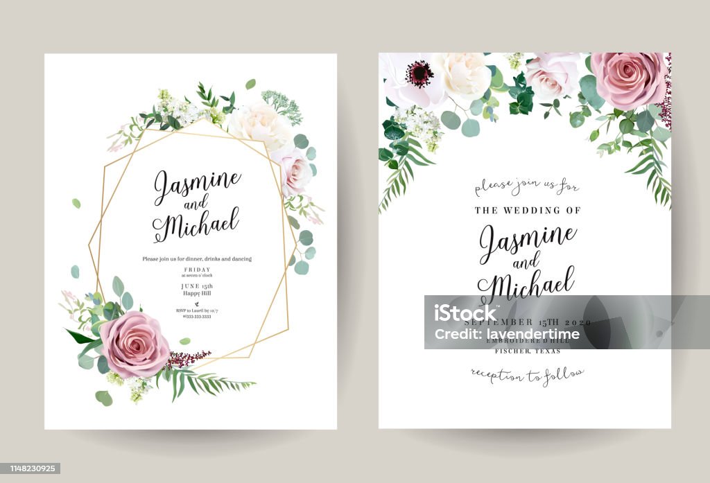 Geometric floral vector design frames Geometric floral vector design frames. Dusty pink rose, anemone, white lilac, eucalyptus, greenery. Trendy wedding green and flowers rustic cards. Golden geometry style line art. Isolated and editable Flower stock vector