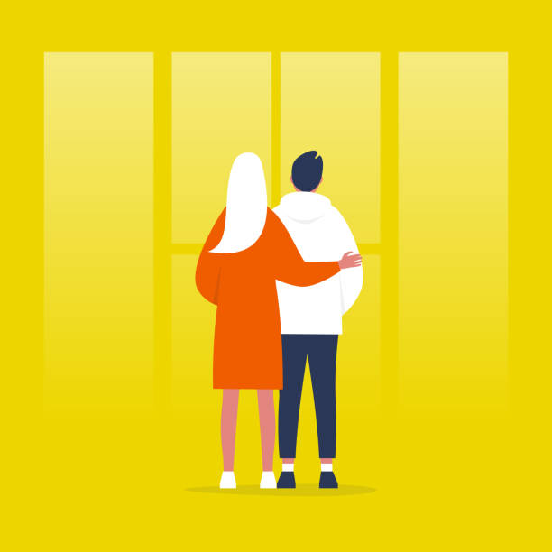 Young couple standing in front of the window. Relationships. Hugging partners. Love. Flat editable vector illustration, clip art Young couple standing in front of the window. Relationships. Hugging partners. Love. Flat editable vector illustration, clip art compassion stock illustrations