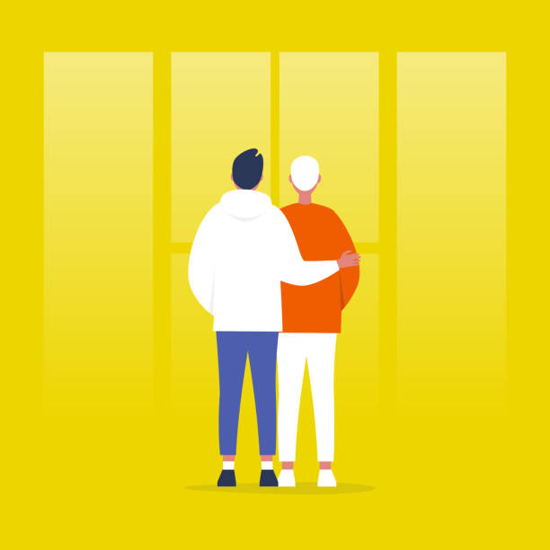 Young homosexual couple standing in front of the window. Relationships. Hugging partners. Love. Flat editable vector illustration, clip art Young homosexual couple standing in front of the window. Relationships. Hugging partners. Love. Flat editable vector illustration, clip art man gay stock illustrations