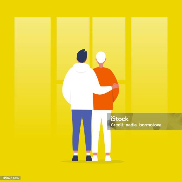 年輕的同性戀夫婦站在窗戶前關係擁抱合作夥伴愛平面可編輯的向量插圖 剪貼畫向量圖形及更多同性情侶圖片 - 同性情侶, 同性戀者, 背面拍攝