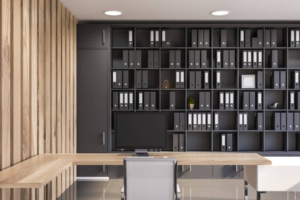 istock Gray and wooden office interior, bookshelves 1148232397