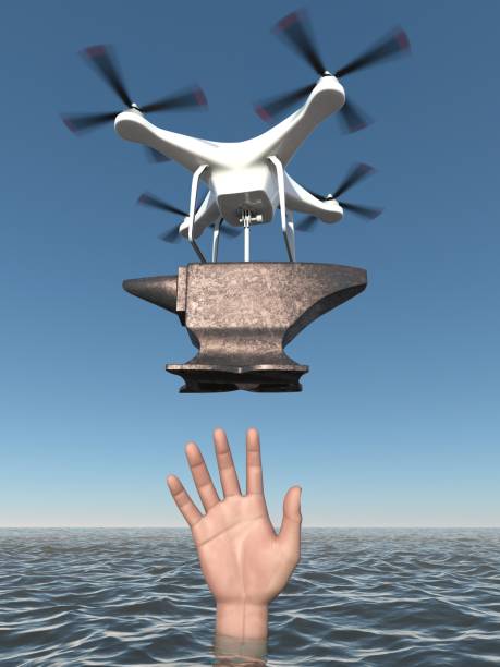 istock 3D render of Drone with anvil trying to drown hand in ocean 1148236631