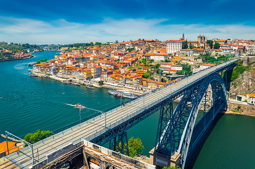 Porto, Portugal: Dom Luis I Bridge over Duoro river and view over old town and Ribeira district