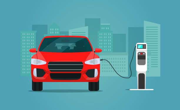 ilustraciones, imágenes clip art, dibujos animados e iconos de stock de rojo compacto eléctrico cuv aislado. coche eléctrico se está cargando, vista frontal. vector de ilustración plana. - coche pequeño