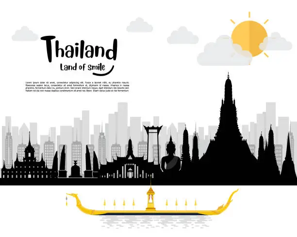 Vector illustration of The Royal Barge Suphannahong in Thailand and Landmarks, Silhouette to Bangkok in Thailand. vector illustration