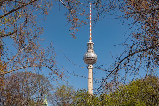 Fernsehturm framed by trees from Lustwiese Park.\n\nBerliner Fernsehturm is a television tower. The tower is 368m-tall, and therefore can be seen for most of central neighbourhoods. \n\nIt opened in 1969, with a viewing gallery at 203m and revolving restaurant at 207m.