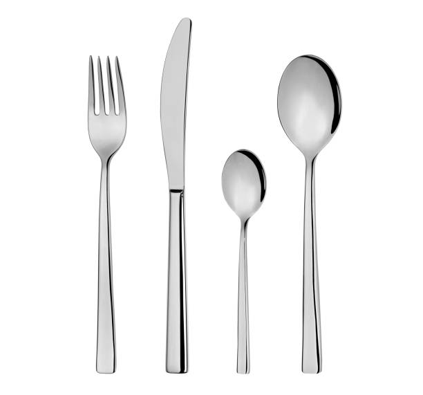 серебряные столовые приборы - fork table knife silverware spoon стоковые фото и изображения