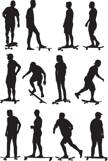 ilustraciones, imágenes clip art, dibujos animados e iconos de stock de siluetas de skateboarders - patinaje en tabla larga