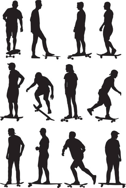 ilustrações de stock, clip art, desenhos animados e ícones de skateboarders silhouettes - skateboarding skateboard silhouette teenager
