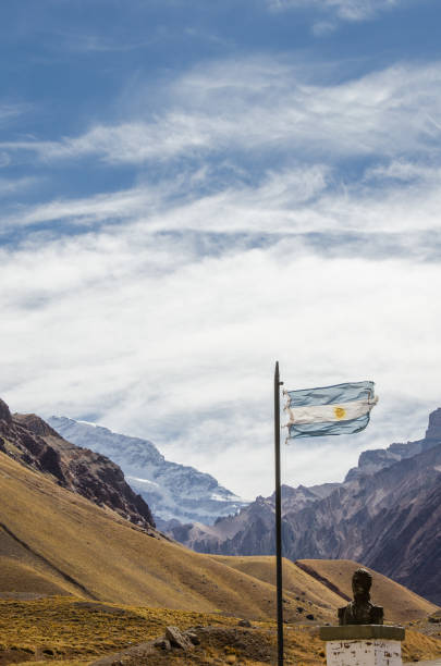 Argentina flag waving with historical bust and Aconcagua mountain behind.