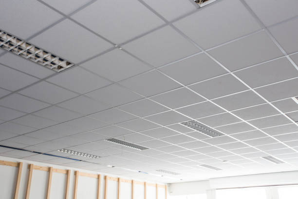 plafond suspendu avec des lampes carrées de led sin le bureau - plafond photos et images de collection