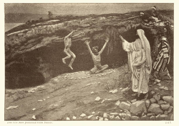 Jesus and the two men possessed with devils Vintage engraving of Jesus and the two men possessed with devils by James Tissot exorcism stock illustrations