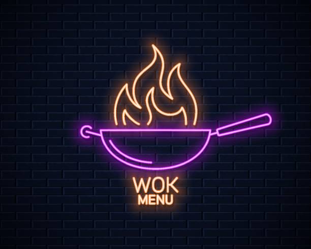 Frying pan neon sign. Wok with fire flame neon banner on wall background Frying pan neon sign. Wok with fire flame neon banner on wall background 10 eps chef cooking flames stock illustrations