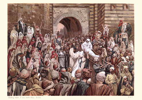 Vintage engraving of Jesus Raises a Widow's Son, Young man, I say to you, arise, by James Tissot.