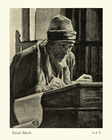 Vintage engraving of Saint Mark the Evangelist by James Tissot. the traditionally ascribed author of the Gospel of Mark. Mark is said to have founded the Church of Alexandria, one of the most important episcopal sees of early Christianity.