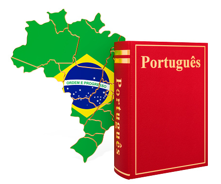 Portuguese language book with map of Brazil, 3D rendering isolated on white background