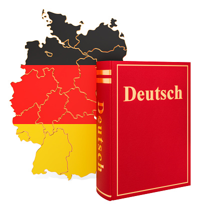 Deutsch language book with map of Germany, 3D rendering isolated on white background