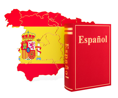 Spanish language book with map of Spain, 3D rendering isolated on white background