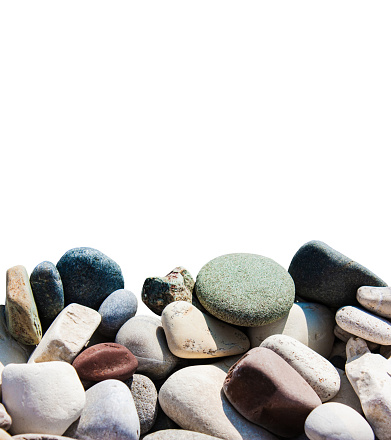 Marine naturally rounded gravel, pebbles. Nature white Background Texture.Close-up.Isolate