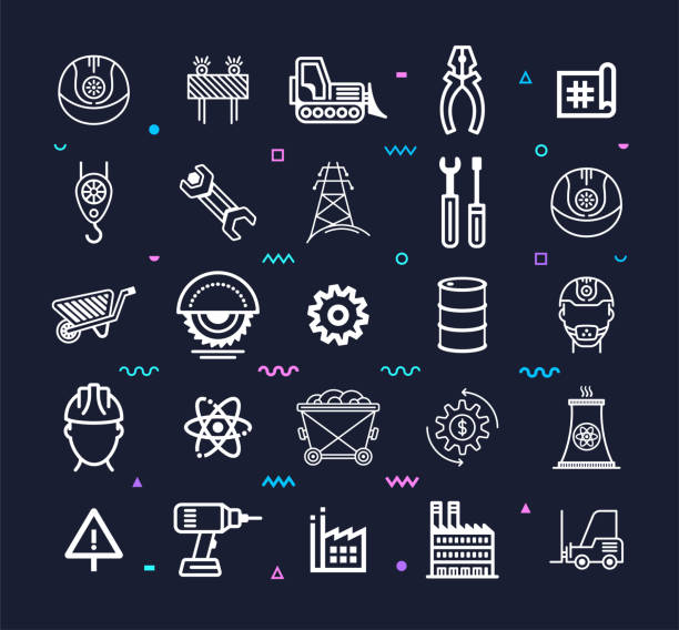 Heavy industry digitization outline style symbols on dark background. Line vector icons set for infographics, mobile and web designs.
