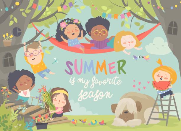 Children playing and having fun in the treehouse Children playing and having fun in the treehouse, kids playground with hammock and ladder colorful detailed. Vector Illustration girl climbing ladder stock illustrations