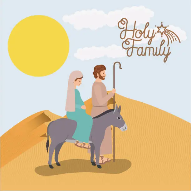 Vector illustration of christmas card with holy family traveling in desert