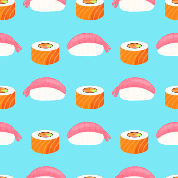 ilustraciones, imágenes clip art, dibujos animados e iconos de stock de nigiri de sushi con camarones, rollo con salmón. comida tradicional japonesa. patrón sin costuras. - sushi cartoon food wallpaper pattern