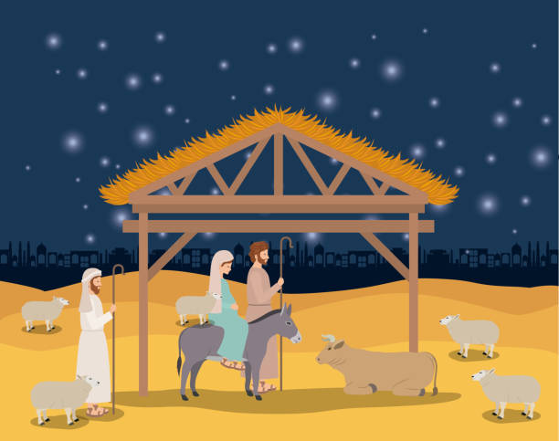 istock christmas card with holy family and animals in stable 1148270615
