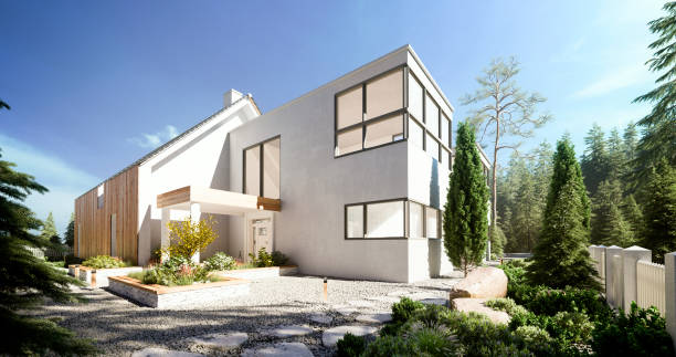 villa moderne - house contemporary outdoors building exterior photos et images de collection