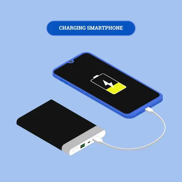 Vector illustration of Flat isometric Smartphone connection with power bank via USB cable. Vector 3d illustration. Isometry phone charging and power bank concept.