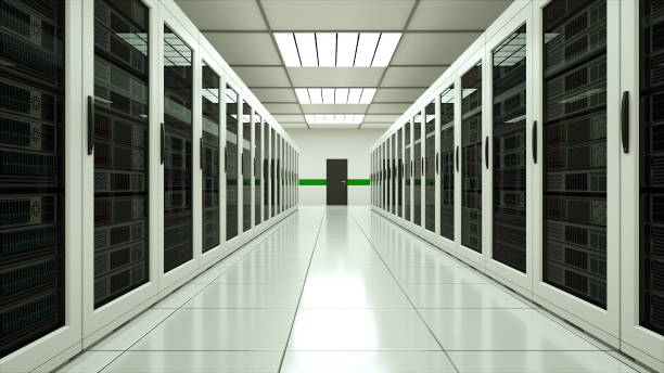 Modern server room interior in datacenter, web network and internet telecommunication technology, big data storage and cloud service concept, 3d render stock photo