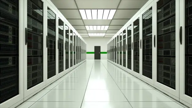 Modern server room interior in datacenter, web network and internet telecommunication technology, big data storage and cloud service concept, 3d rendering