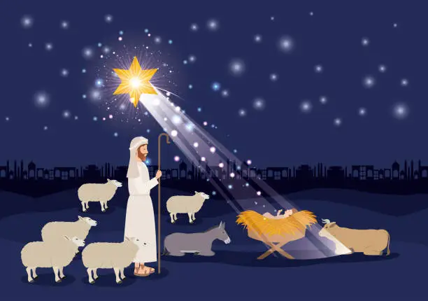 Vector illustration of merry christmas card with jesus baby and sheeper