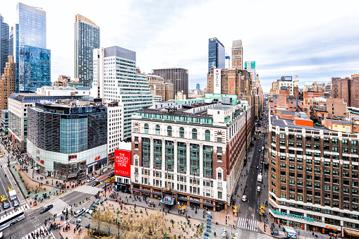 New York City, USA - April 7, 2018: Panoramic view of urban cityscape rooftop building skyscrapers in NYC Herald Square Midtown with Macy's store