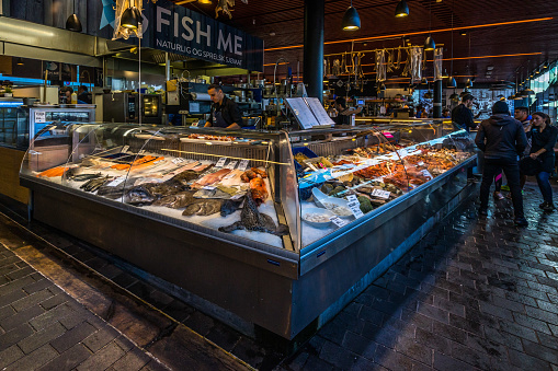 Fish me at Bergen Fish market offer the finest seafood from the sea and from the coast of Norway. Bergen, Norway, August 2018