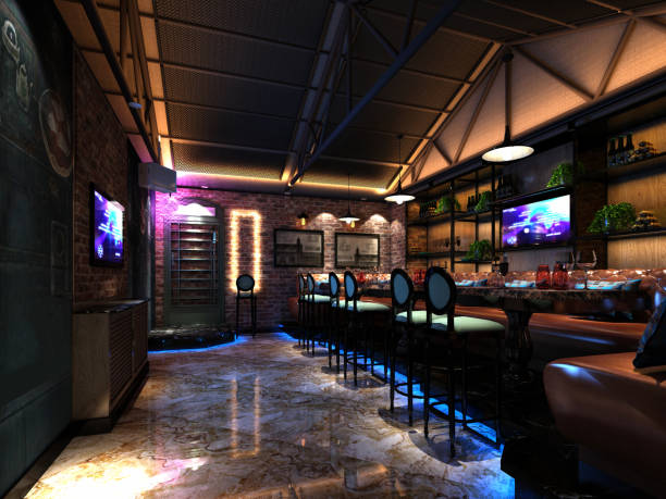 3d render karaoke bar - nobody restaurant empty pub imagens e fotografias de stock